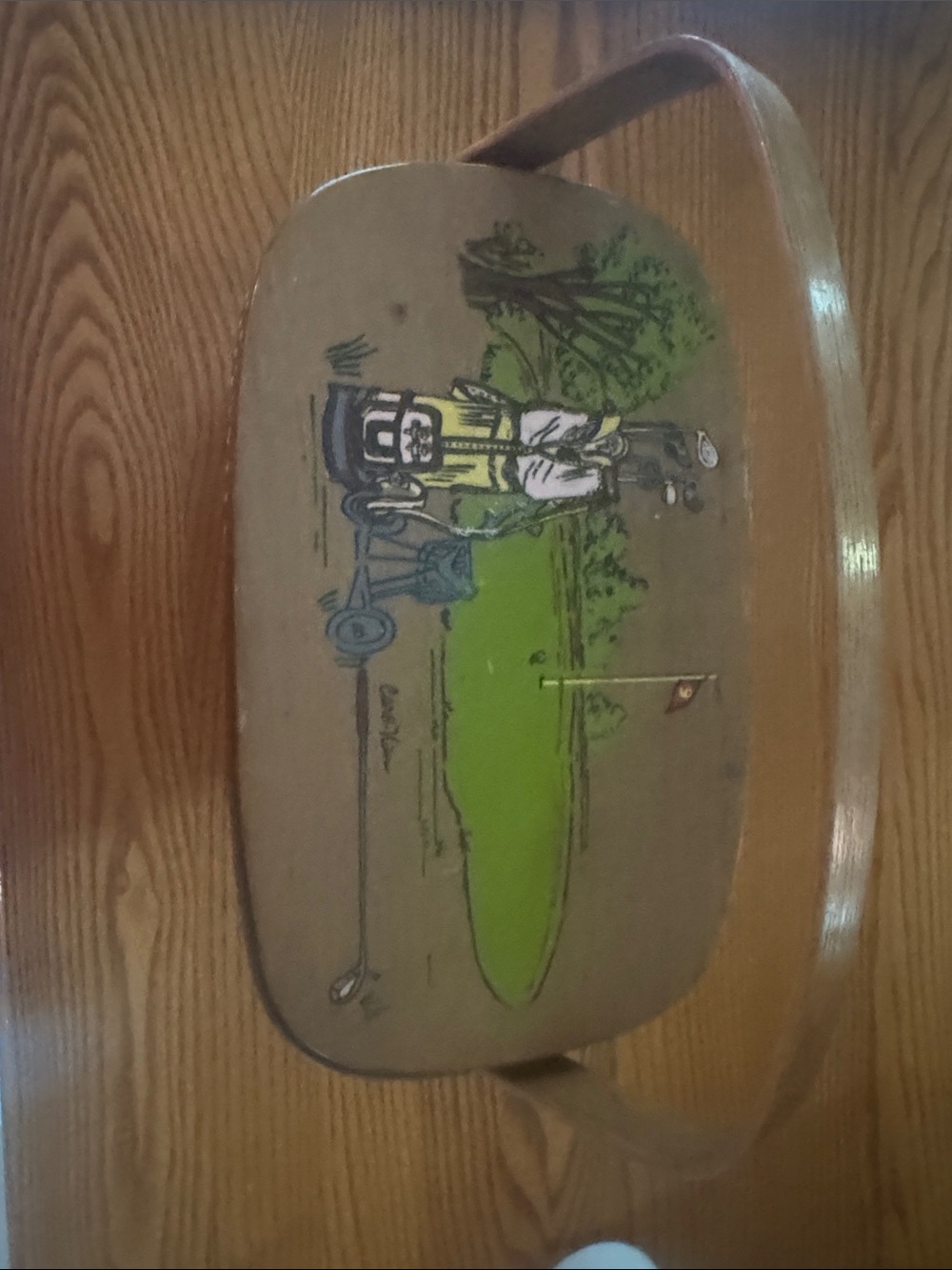 Vintage wooden handpainted golf purse basket with handle.